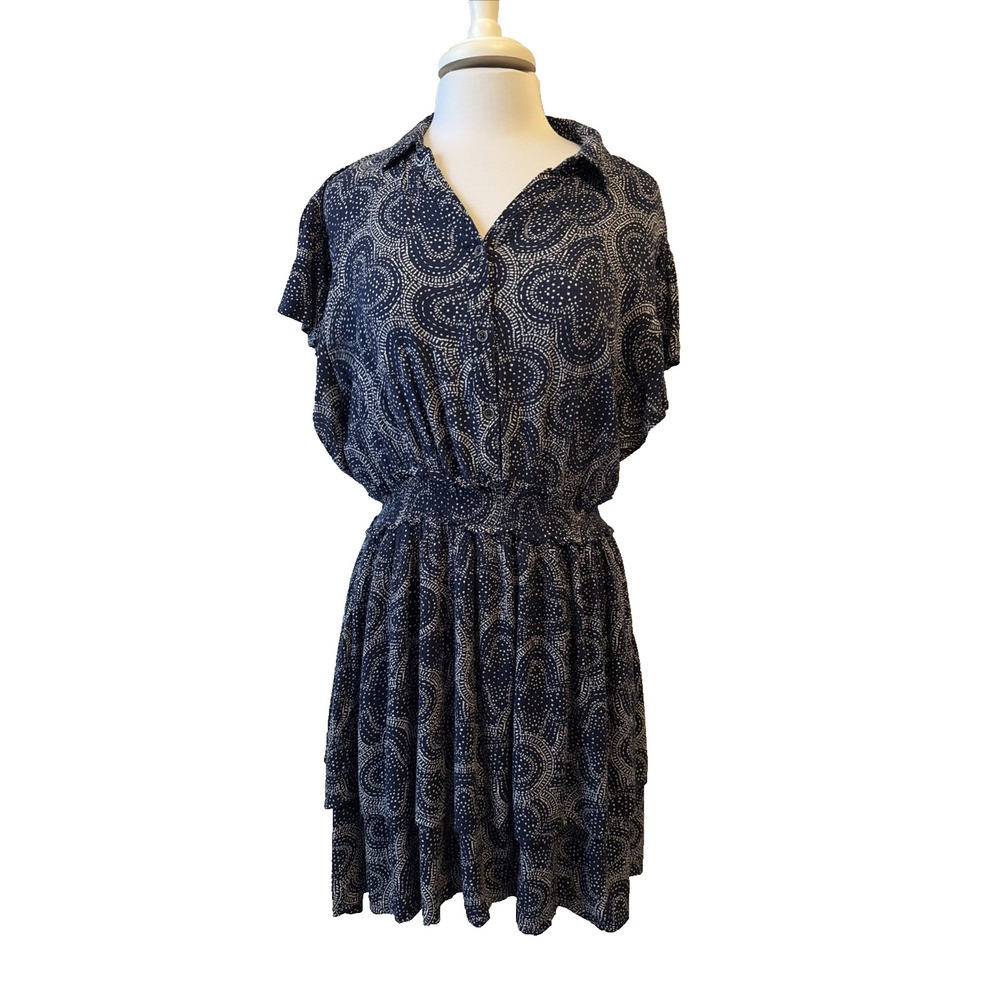 C&C California Tiered Ruffle Navy  Flowy Dress Women's XL Celestial Boho Cottage